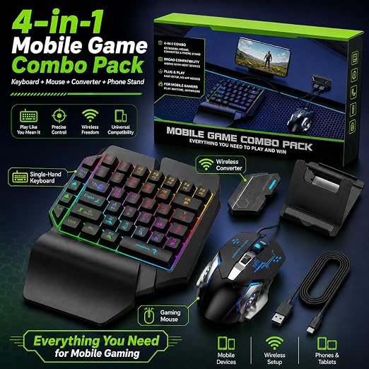 X2 Mobile Phone One Hand Video Game Keyboard Keypad Gaming LED + Color DPI Mouse