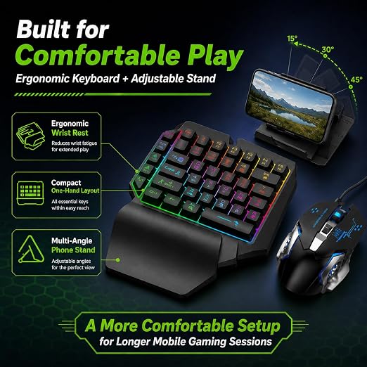 X2 Mobile Phone One Hand Video Game Keyboard Keypad Gaming LED + Color DPI Mouse