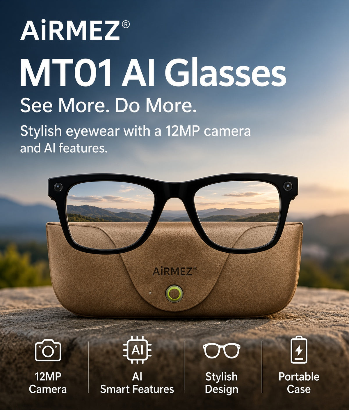 AiRMEZ MT01 AI Smart Glasses – 12MP Camera, 1080P Video, AI Voice Assistant & Real-Time Translation