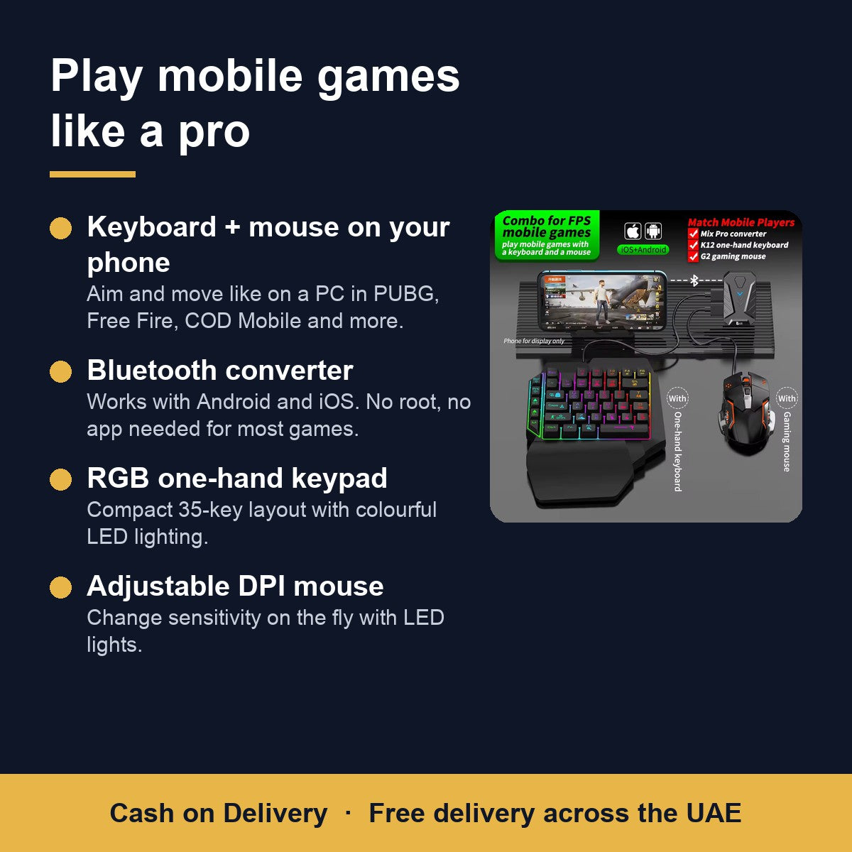 Features: keyboard and mouse for phone, Bluetooth converter, RGB keypad, DPI mouse
